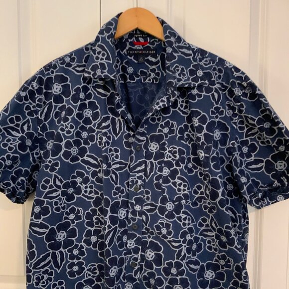 Tommy Hilfiger Blue Hawaiian Floral Print Short Sleeve Button Front Shirt XL - Picture 2 of 10